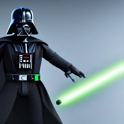 Image similar to A studio image of Darth Vader holding a green lightsaber, ray tracing, 4k, hyper detailed, studio lighting, movie set,