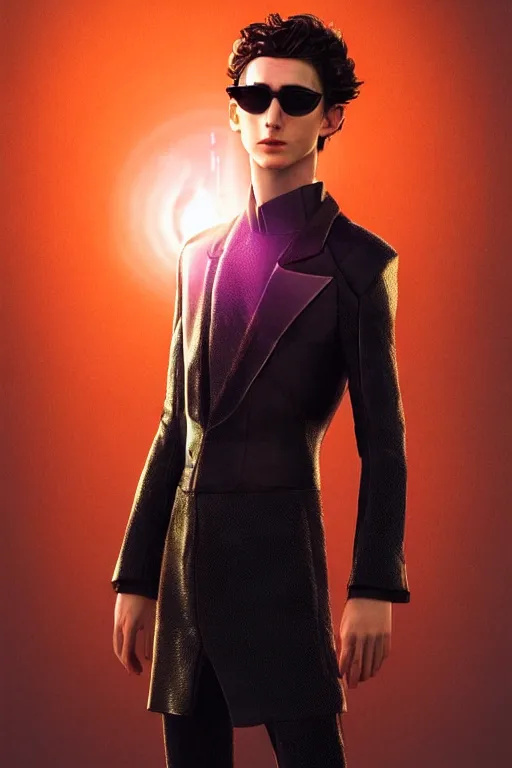 Prompt: Timothee Chalamet in MATRIX wearing futuristic clothes, portait photo, profile picture, hyperrealistic, concept art, orange sunglasses, day time, octane render, unreal engine 5, digital art, high quality, highly detailed, 8K, cute, defined face, elegant clothes, trending on DeviantArt