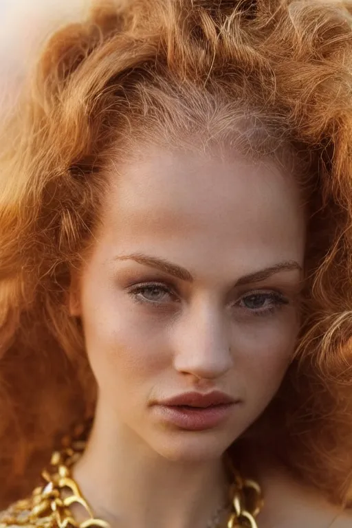 Image similar to vintage photograph of an olive skinned female model with strawberry blonde hair in her twenties, her hair pinned up, wearing a designer top and one gold standard chain necklace, looking content, focused on her neck, photo realistic, extreme detail skin, natural beauty, no filter, slr, golden hour, 4 k, high definition, selfie