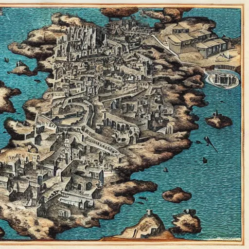 Prompt: The city of Tar Valon fills the entire island of the same name, which is eight miles long and three miles wide at its widest point. The entire island is surrounded by thick, impressive walls, approximately 50 feet tall and punctuated by sixty-four guard towers, each around 100 feet high.