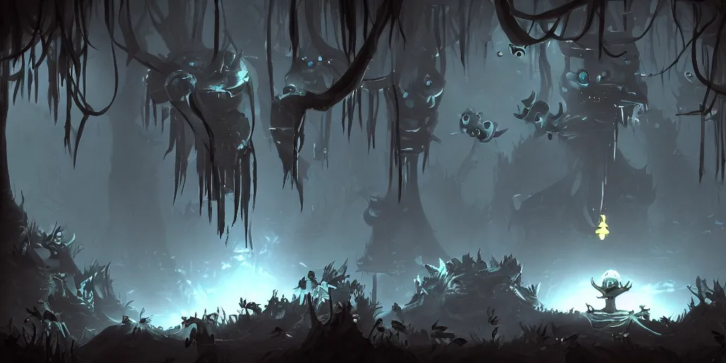 Image similar to latex dungeon dark room in the style of ori and the blind forest