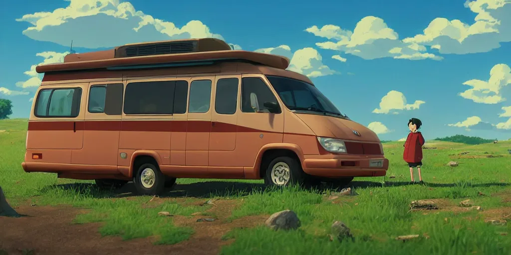 Image similar to a wholesome animation key shot of one!! focused!! 1 9 9 4 fiat hymer motorhome!! in the! romanian countryside!, medium shot, studio ghibli, ( pixar ) and disney animation, sharp, very detailed, high resolution, rendered in unreal engine 5, anime key art by greg rutkowski, bloom, dramatic lighting