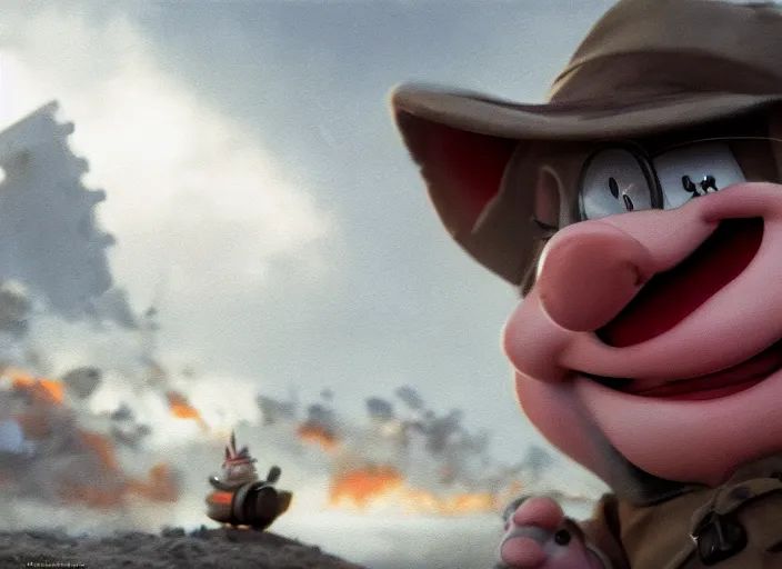 Prompt: close up cinematic artwork of porky pig staring down the enemy on the battlefield by Greg Rutkowski, 4k, masterpiece