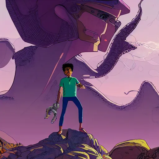 Image similar to a young mixed race explorer wearing a futuristic headpiece who is standing on top of a giant head of a statue in the style of max prentis and moebius and murton.arts, highly detailed, 8k wallpaper, adventure time colour palette