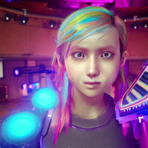 Image similar to 35mm macro shot portrait of an extremely cute and adorable Cyberpunk Prismatic Spectrum Cosmic Magical Girl Ellie (The Last of Us) from the Rainbow Sky Paradise playing Dance Dance Revolution at Eurovision and Tomorrowland, large piercing eyes, smirk, ambient occlusion, DAZ, cinematic lighting, 3D render, unreal engine 5, professional graflex photograph, flat vector art background