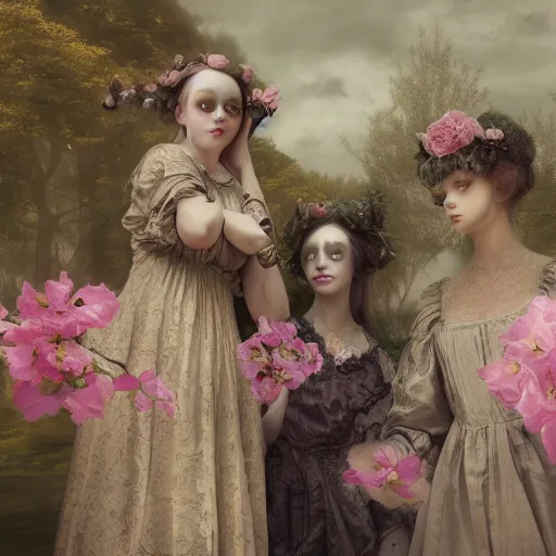 Image similar to 8k, octane render, realism, tonalism, renaissance, rococo, baroque, group of creepy young ladies wearing long tonal harajuku manga dress with flowers and skulls, background chaotic flowers