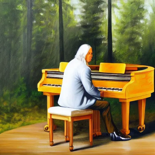 Prompt: ultra realistic painting of bach sitting on a piano inside of a forest, thick brush strokes, visible paint layers, taken from the back of bach.