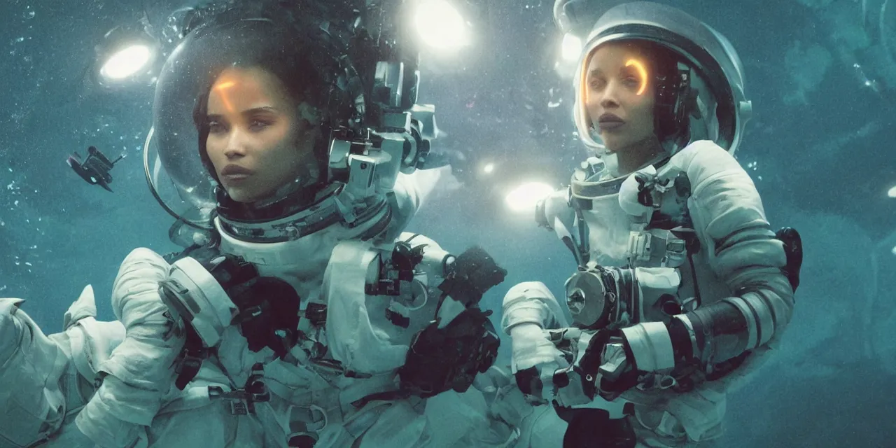 Image similar to Zoe Kravitz with short hair as a retro astronaut, helmet with led lights, alone underwater in the ocean at night, clear water, glowing bubbles, volumetric lighting, glowing lights, 4k, octane, unreal engine, digital painting, artstation, concept art, high contrast, high saturation , cinematic film still, sharp focus, illustration, art by Christopher Nolan and artgerm and greg rutkowski and alphonse mucha , wide angle view, full body