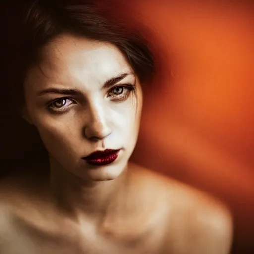 Image similar to a photo of a beautiful woman. moody and melanchony, dramatic lighting. with a little bit of tasteful yellow and red.