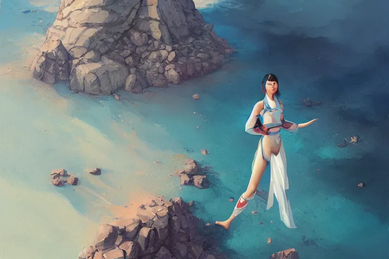 Prompt: lee jin - eun in astronaut dress emerging from turquoise water in egyptian pyramid by peter mohrbacher, android james, conrad roset, m. k. kaluta, martine johanna, rule of thirds, elegant look, beautiful, luxurious