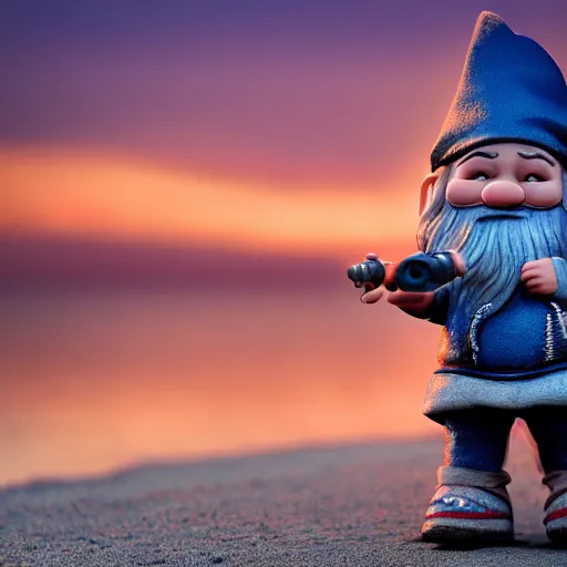 Image similar to cinematic front-view shot of a cute gnome standing on the beach during a sunset, 8k, dslr, highly intricate, highly detailed,