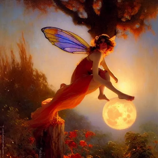 Image similar to attractive fairy magically floating high in the night, fantasy, full moon in background. highly detailed painting by gaston bussiere, craig mullins, j. c. leyendecker, sharp focus, 8 k