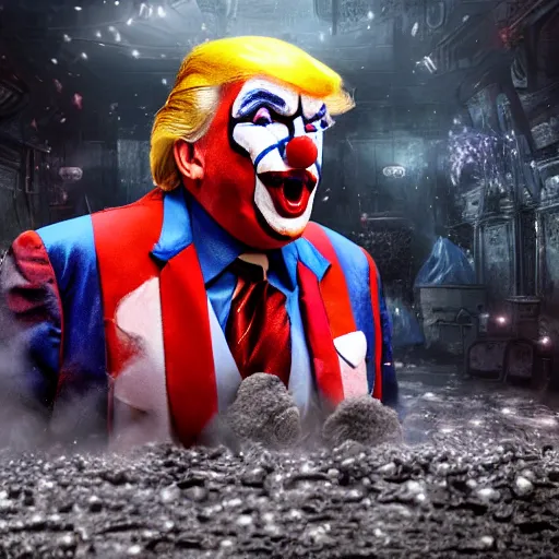 Prompt: donald trump as a joker - clown! in gears of war, splash art, movie still, cinematic lighting, ray tracing, detailed joker - clown face!, octane render, long lens, shallow depth of field, bokeh, anamorphic lens flare, 8 k, hyper detailed, 3 5 mm film grain