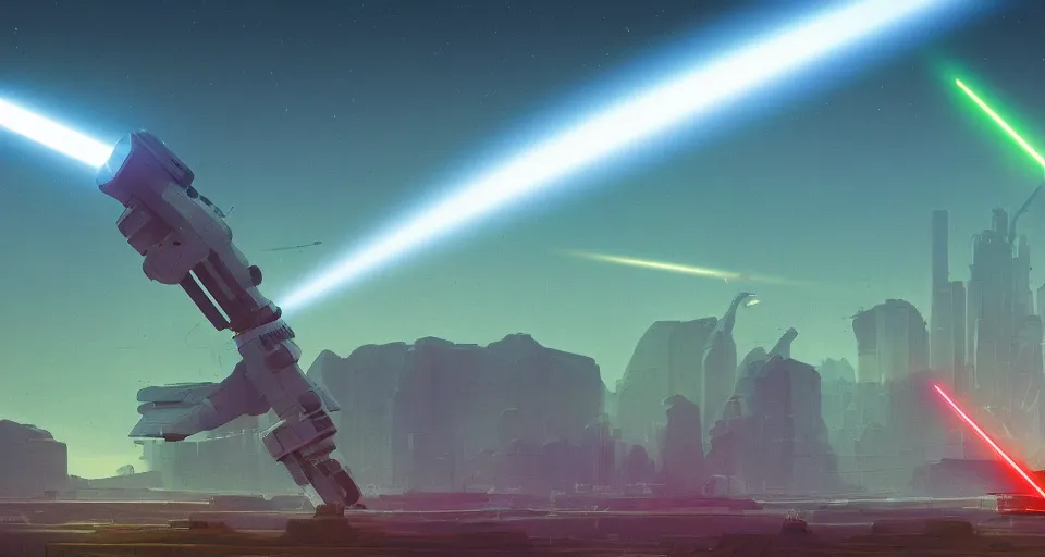 Image similar to Low orbital laser cannon shooting a neon beam down on the landscape, neon laser cannon, cinematic, rendered by simon stålenhag, rendered by Beeple, Makoto Shinkai, syd meade, star wars, inspired by Gundam, environment concept, digital art, unreal engine, 3 point perspective, WLOP, trending on artstation, low level, 4K UHD image, octane render,