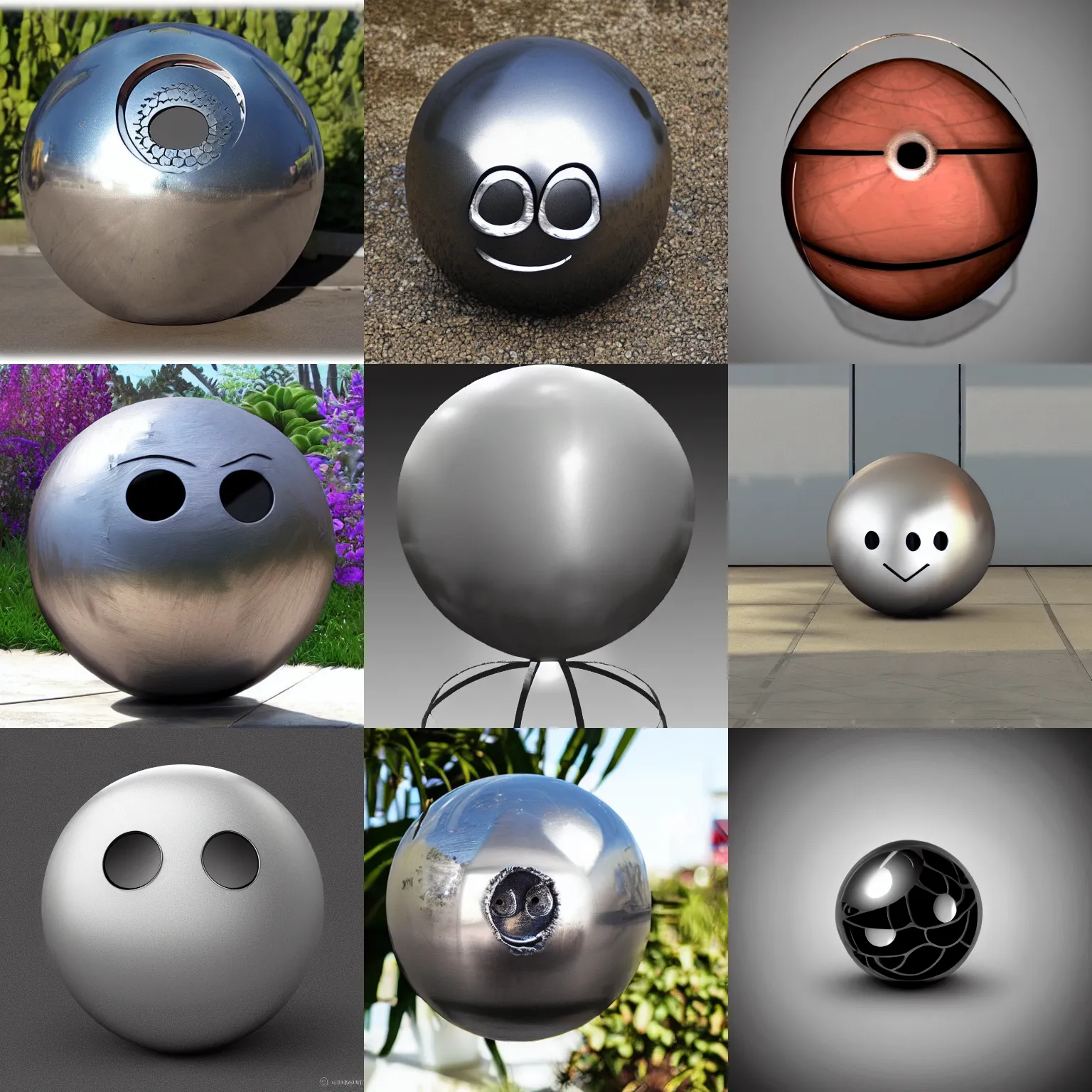 Prompt: a perfectly round metal sphere with an evil face inside of it, photorealistic