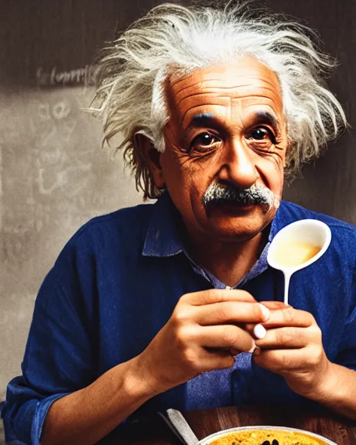 Image similar to A photo of Albert Einstein eating Masala Chai, highly detailed, trending on artstation, bokeh, 90mm, f/1.4