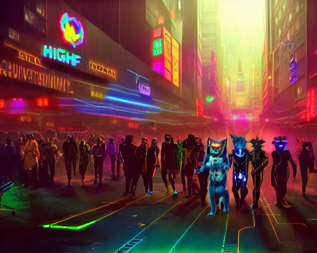 Image similar to high - resolution photograph from a cyberpunk era furry fandom convention ( midwest furfest 2 0 4 7 ), taking place after the genetic revolution and quantum singularity. photorealistic.