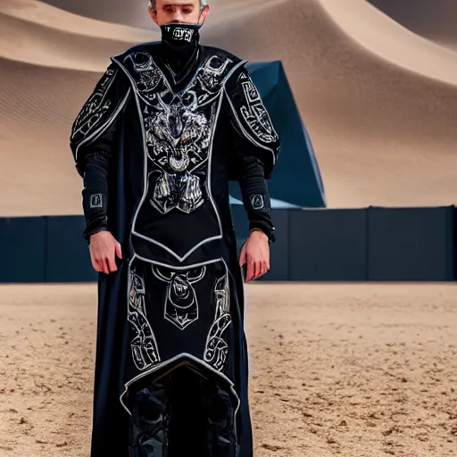 Prompt: medium face shot of adult Austin Butler dressed in futuristic-tudoresque black-prussian blue garb with embroidered-Ram-emblem, and nanocarbon-vest, in an arena in Dune 2021, XF IQ4, f/1.4, ISO 200, 1/160s, 8K, face in-frame