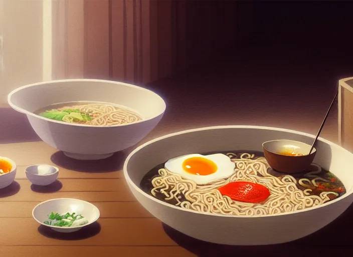 Image similar to a film still portrait of a bowl with ramen, finely detailed features, closeup at the food, perfect art, at a dinner table, gapmoe yandere grimdark, trending on pixiv fanbox, painted by greg rutkowski makoto shinkai takashi takeuchi studio ghibli, akihiko yoshida