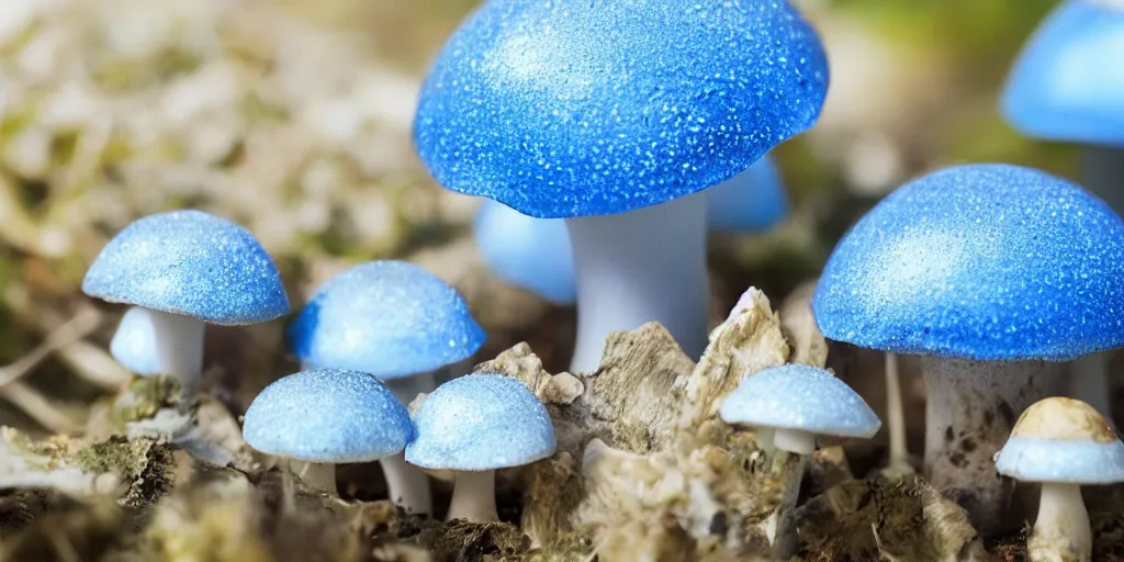 Prompt: strange looking mushrooms born on opalescent crystals. soft blue, blue and white, lens flare, dispersion. photorealistic