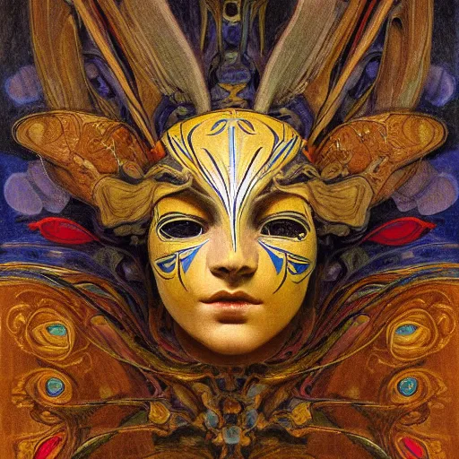 Image similar to a masterpiece painting of a facemask made of stylized flowers, by annie swynnerton and jean delville and tino rodriguez, flower mask, art deco shaman, art brut, symbolist, dramatic cinematic lighting, god rays, iridescent beetles, clean crisp graphics, smooth sharp focus, extremely detailed