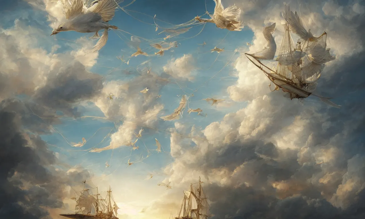 Prompt: a beautiful digital painting of a white caravel flying in the clouds, birds in the sunlight, numerous golden ropes and intricated sails, blue sky at sunset, elegant, highly detailed, artstation, concept art, matte, sharp focus, art by tom bagshaw, kelogsloops and greg rutkowski