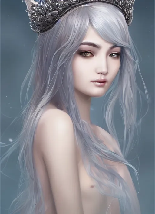 Prompt: nymph of the moon, oriental beautiful face, wearing hair crown, silver hair, youthful attractive, clear symmetrical face portrait, muted colors, artstation, cgsociety, character concept art, highly detailed