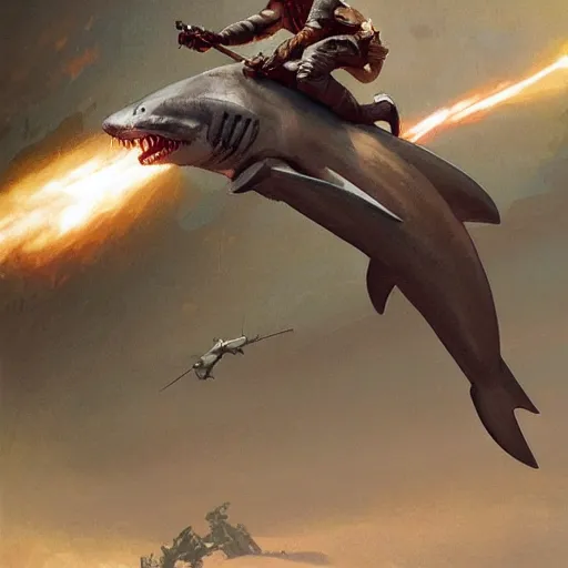 Image similar to a raptor holding a rocket launcher riding a shark, highly detailed, digital painting, artstation, concept art, smooth, sharp focus, illustration, art by artgerm and greg rutkowski and alphonse mucha