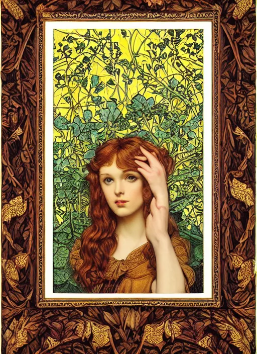 Prompt: masterpiece beautiful seductive flowing curves pinup pose preraphaelite face portrait photography, extreme close up shot, straight bangs, thick set features, yellow ochre ornate medieval dress, amongst inside foliage mushroom forest circle arch, william morris and kilian eng and mucha, framed, 4 k