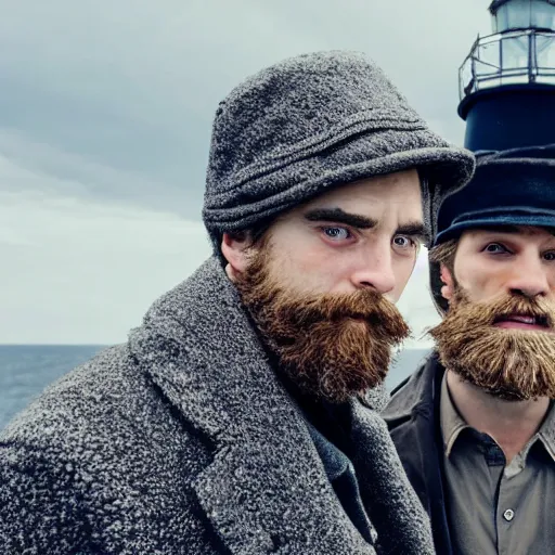 Image similar to Live Action Still of Jerma985 in a film as a Lighthouse Keeper with an overcoat, hat, and beard, with co star Robert Pattison who is wearing a overcoat, hat, and has a mustache, real life, black and white, hyperrealistic, ultra realistic, realistic, highly detailed, epic, HD quality, 8k resolution, body and headshot, film still