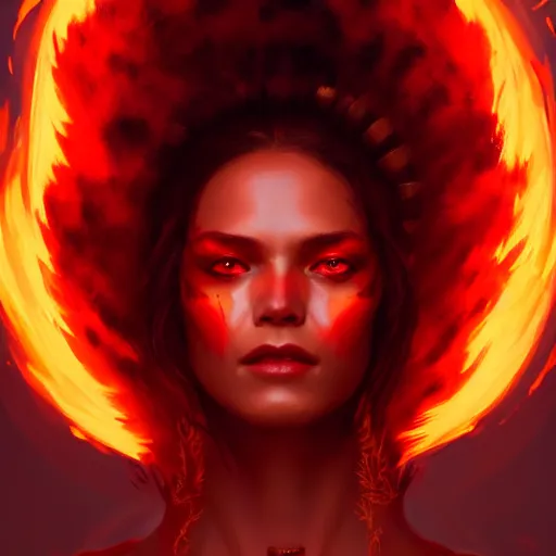 Prompt: a beautiful portrait of a fire goddess with flaming eyeballs by Greg Rutkowski and Raymond Swanland, Trending on Artstation, Flaming Background, ultra realistic digital art