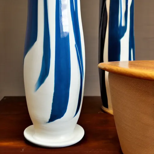Image similar to ceramic tall vase with round handles and blue strips