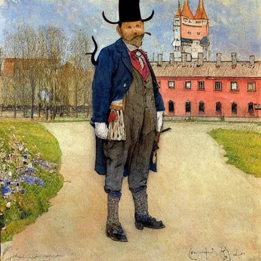 Image similar to painting by carl larsson, cow, dressed, anthropomorphic!!, wearing!!! clothes!!!, standing next to royal castle!!!