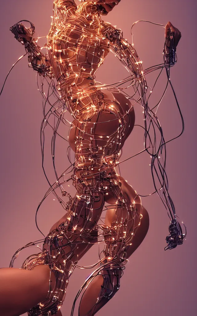 Image similar to beauty woman made of wires and tubes, very detailed, dramatic lighting, mechanical details, back facing, electrical details, high details, 4k, 8k, trending on artstation, by Hajime Sorayama and Boris Vallejo