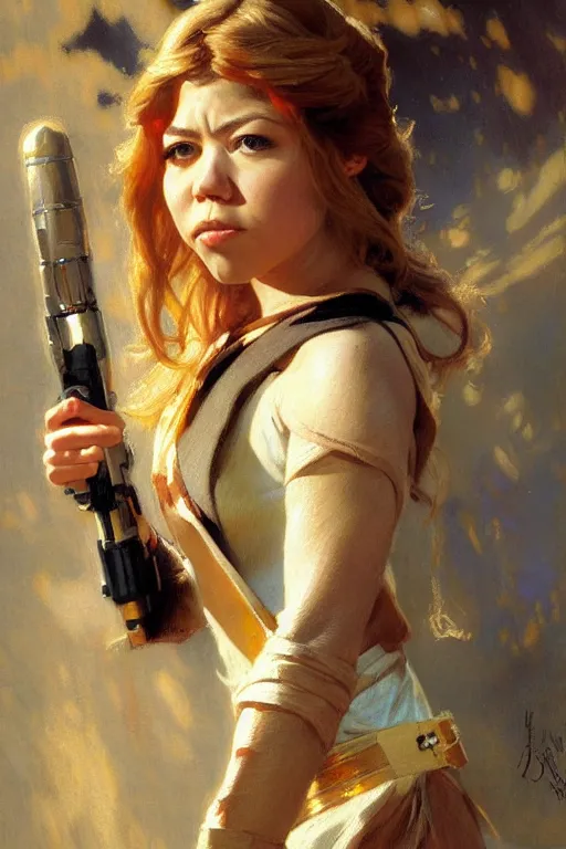 Prompt: detailed portrait of jennette mccurdy dressed as jedi, painting by gaston bussiere, craig mullins, j. c. leyendecker
