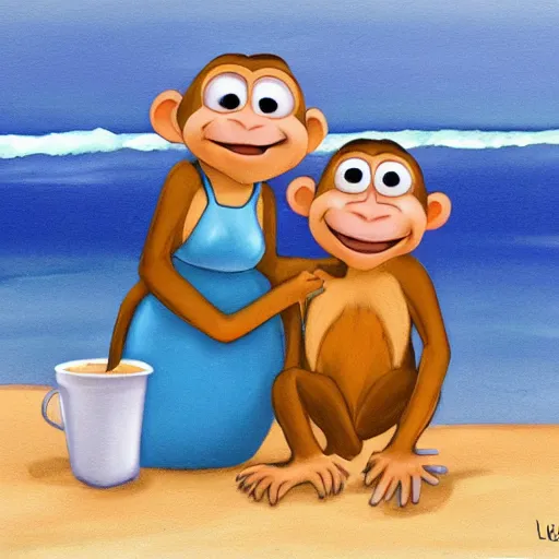 Image similar to two monkeys on the beach drinking coffee, pixar style