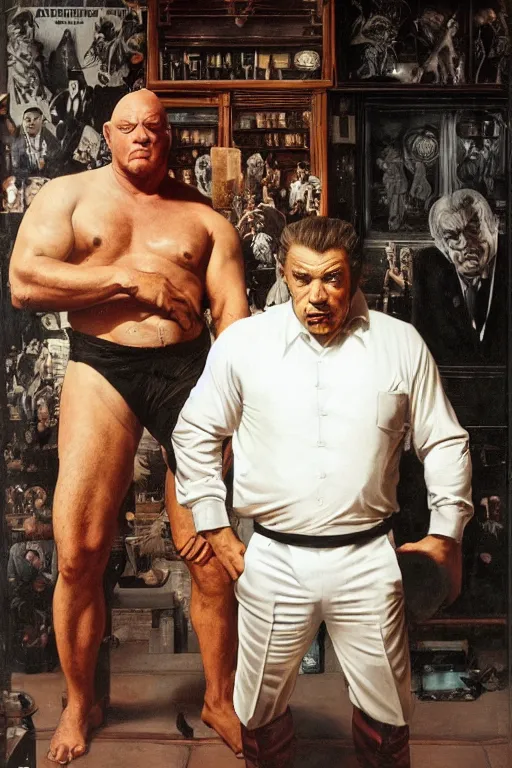 Image similar to full length portrait of morgan aste as a huge gangster wearing a white suit and spats standing beside much smaller robert deniro wearing shirt and pants, cafe in background, by lawrence alma tadema and zdzislaw beksinski and norman rockwell and jack kirby and tom lovell and greg staples