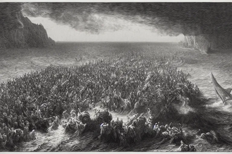 Image similar to aerial view, the biblical crossing of the red sea, Gustave Dore lithography