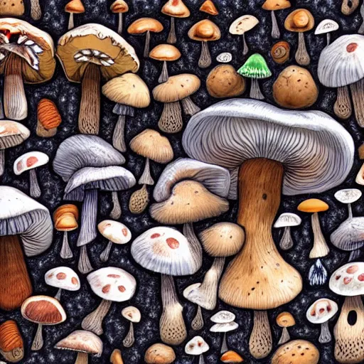 Prompt: macro photo with a mushroom character with cute eyes and mycelium, very close to real nature, natural colors and natural surroundings, painted patterns and coloring on mushrooms, 8K, highly detailed, cartoon