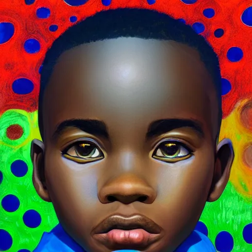 Image similar to colourful upper half portrait of an african boy, art by takashi murakami, highly detailed, digital painting, ray tracing, concept art, illustration, smooth sharp focus, intricate, symmetry, artstation,