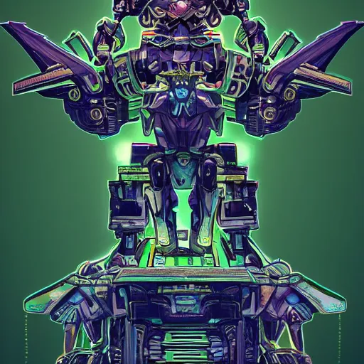 Image similar to Greek God in Mecha style, seated on a throne, high camera angle, symmetrical, in the graphic style of Matt Sanz and DC Comics, hyper detailed, trending on artstation, green glow