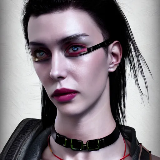 Image similar to detailed realistic female character cyberpunk wearing thick steel collar around neck, realistic, art, beautiful, 4K, collar, choker, collar around neck, punk, artstation, detailed, female, woman, choker, cyberpunk, neon, punk, collar, choker, collar around neck, thick collar, choker around neck, wearing choker, wearing collar,