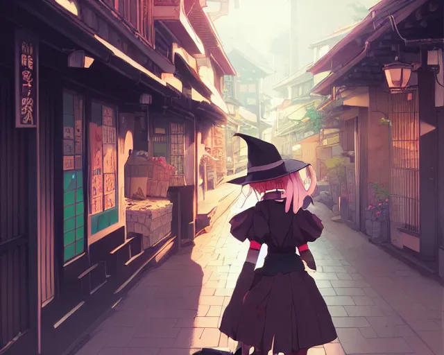 Prompt: key anime visual portrait of a young female witch walking through a busy village, ilya kuvshinov, dynamic pose, dynamic perspective, cinematic, dramatic lighting, muted colors, detailed silhouette, textured, anime proportions, kyoto animation, haibane renmei