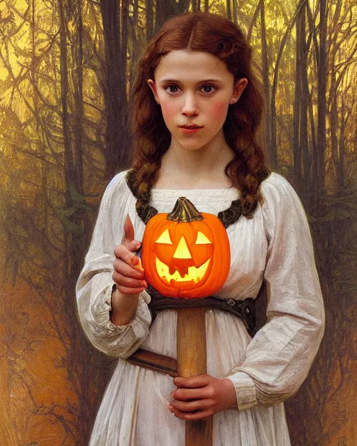 Prompt: an art nouveau candlelit portrait painting of a thoughtful girl resembling a young, shy, redheaded alicia vikander or millie bobby brown wearing peasant dress carrying a jack - o - lantern in a fall forest at night, highly detailed, intricate, concept art, artstation, by donato giancola, alphonse mucha, and william bouguereau