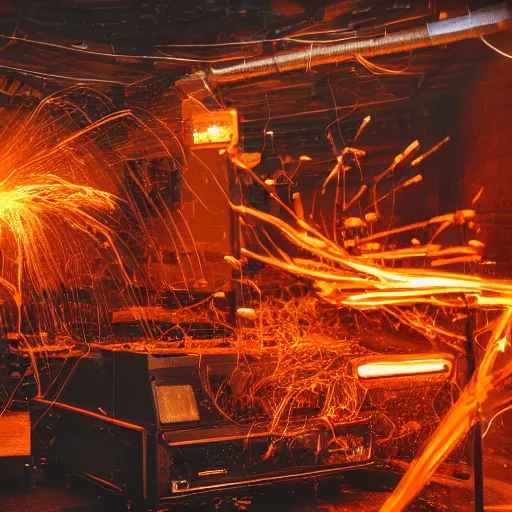 Image similar to overcharging toaster oven, tangles of metallic cables, dark messy smoke - filled cluttered workshop, dark, dramatic lighting, orange tint, sparks, plasma charges, cinematic, highly detailed, sci - fi, futuristic, movie still