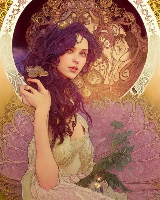 Image similar to secret romance, highly detailed, very intricate, art nouveau, gold filigree, romantic storybook fantasy, soft cinematic lighting, award - winning, disney concept art watercolor illustration by mandy jurgens and alphonse mucha and alena aenami, pastel color palette, featured on artstation