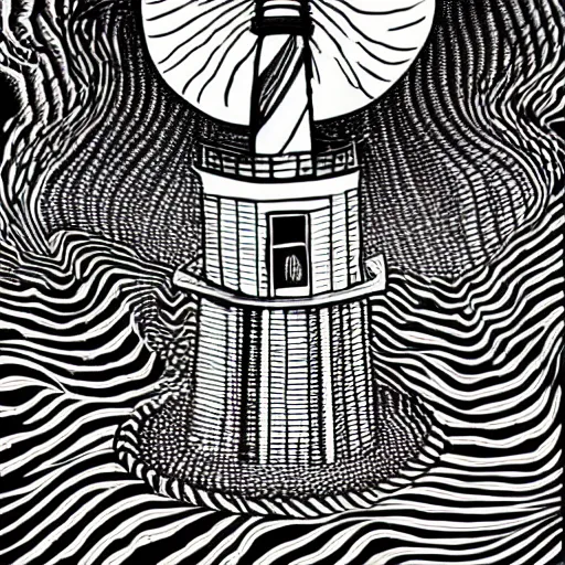 Prompt: black and white trippy psychedelic illustration of a lighthouse in a storm