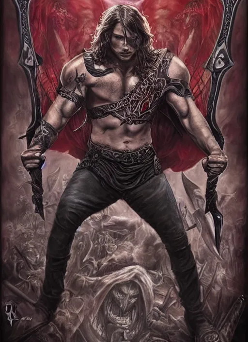 Image similar to front portrait of attractive Sam Winchester as a muscular warrior holding swords ⚔️ demon wings wide open, teared apart T-Shirt whole body tattooed with runes and satanic symbols, D&D!, fantasy style, sharp focus!, ultra detailed, art by Artgerm and Peter Andrew Jones, WLUP