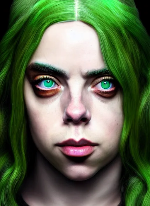 Image similar to Billie Eilish as Female Loki, Goddess of Mischief, beautiful facial symmetry, olive skin color, hyper realistic, hyper detail, very detailed, digital art, trending on artstation, smooth render, 8k octane render,