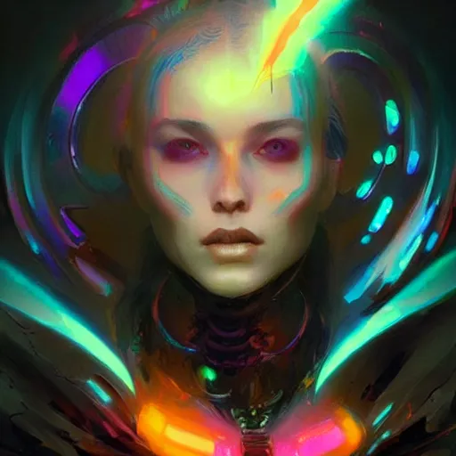 Prompt: portrait of a beautiful dark seraphim female futuristic angel, volume lighting, concept art, by greg rutkowski!!, colorful, xray melting colors!!